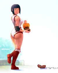 Rule 34 | 1girl, :i, absurdres, alt text, ant, artist name, ass, black hair, blunt bangs, boots, breasts, bug, capcom, chips (food), commentary, eating, elbow pads, english commentary, food, full body, highres, hot dog, insect, leotard, looking down, medium breasts, nadeshiko (street fighter), outdoors, quasimodox, red footwear, short hair, standing, street fighter, street fighter v, street fighter zero (series), white leotard, wrestling outfit, wrist cuffs, yamato nadeshiko (street fighter)