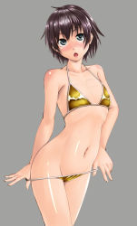 Rule 34 | 1girl, bikini, bikini pull, black hair, blue eyes, blush, clothes pull, emperor zuou, flat chest, highres, navel, open mouth, original, pulled by self, short hair, solo, swimsuit