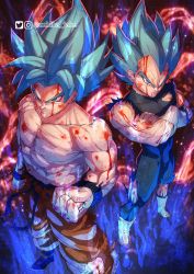 Rule 34 | 2boys, abs, artist name, aura, baggy pants, belt, biceps, blood, blood on face, blue eyes, boots, clenched hands, crossed arms, cuffs, dirty, dirty face, dragon ball, dragon ball super, highres, long hair, looking at viewer, looking up, male focus, mature male, multiple boys, muscular, muscular male, pants, pectorals, shackles, shirt, sleeveless, son goku, spiked hair, thick arms, thick eyebrows, tight clothes, torn clothes, twitter username, uchiha jake, vegeta