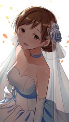 Rule 34 | 1girl, :d, bad id, bad pixiv id, bare shoulders, blush, breasts, brown eyes, brown hair, cleavage, collarbone, commentary request, dress, elbow gloves, flower, gloves, goyain, hair flower, hair ornament, hair up, highres, idolmaster, idolmaster cinderella girls, long hair, looking at viewer, medium breasts, motion blur, nitta minami, open mouth, petals, rose, see-through, simple background, smile, solo, strapless, strapless dress, veil, wedding dress, white background, white dress, white flower, white gloves, white rose