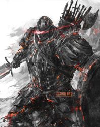 Rule 34 | armor, belt, breastplate, dark souls (series), dark souls ii, embers, eye trail, full armor, helmet, highres, holding, holding shield, holding sword, holding weapon, light trail, pauldrons, quiver, shield, shimhaq, shoulder armor, signature, solo, sword, the pursuer, weapon
