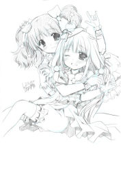 Rule 34 | 2girls, blush, bow, commentary request, copyright request, crown, dress, food-themed hair ornament, gloves, graphite (medium), greyscale, hair between eyes, hair bow, hair ornament, hug, long hair, looking at viewer, mechanical pencil, mini crown, monochrome, multiple girls, one eye closed, pencil, ryuuga shou, simple background, sitting, traditional media, twintails, wavy mouth, white background