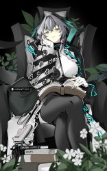 Rule 34 | 1girl, absurdres, aqua eyes, aqua nails, arknights, black pantyhose, blush, book, breasts, coat, commentary request, crossed legs, fingerless gloves, fingernails, gloves, grey hair, hand on own face, head wings, highres, ho&#039;olheyak (arknights), infection monitor (arknights), khrnnfz, large breasts, long fingernails, long sleeves, pantyhose, short hair, sitting, white gloves, wings