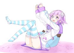 Rule 34 | 1girl, :d, ass, bad id, bad twitter id, blush, commentary request, d-pad, d-pad hair ornament, feet up, full body, hair ornament, handheld game console, highres, knees together feet apart, lying, neptune (neptunia), neptune (series), niwaka potato, on back, on pillow, open mouth, purple eyes, purple hair, short hair, smile, solo, striped clothes, striped thighhighs, teeth, thighhighs, upper teeth only