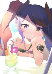 Rule 34 | 1girl, bare shoulders, bikini, brown hair, collarbone, cup, drinking glass, flat chest, fuyubone, grin, hair ornament, hairclip, heart, heart hair ornament, heterochromia, highres, horns, leaning on table, looking at viewer, misaki (princess connect!), misaki (summer) (princess connect!), multicolored hair, o-ring, o-ring bikini, princess connect!, purple bikini, purple eyes, purple hair, smile, solo, swimsuit, twintails, two-tone bikini, two-tone hair, upper body
