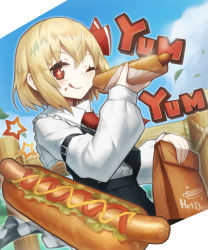Rule 34 | :q, ascot, bag, blonde hair, cloud, eating, falling leaves, fence, food, food on face, hair ribbon, highres, holding, holding food, hot dog, ketchup, leaf, long sleeves, looking at viewer, mustard, one eye closed, paper bag, red eyes, ribbon, rope, rumia, sausage, short hair, spark621, sparkling eyes, tongue, tongue out, touhou, vest