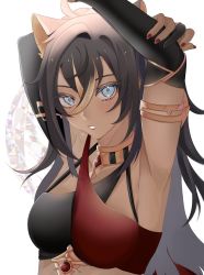 Rule 34 | 1girl, animal ears, argyle, argyle background, argyle clothes, armlet, armpits, arms behind head, arms up, bare shoulders, black gloves, black hair, blonde hair, blue eyes, breasts, cat ears, criss-cross halter, dark-skinned female, dark skin, dehya (genshin impact), eyeshadow, forsy 88, genshin impact, gloves, hair between eyes, halterneck, highres, jewelry, long hair, looking at viewer, makeup, multicolored hair, parted lips, solo, streaked hair, stretching, upper body, vision (genshin impact), white background