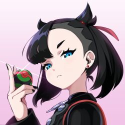 Rule 34 | 1girl, black hair, black jacket, black nails, blue eyes, closed mouth, creatures (company), dusk ball, earrings, eyelashes, from side, game freak, glint, gradient background, hair ribbon, hand up, highres, holding, holding poke ball, jacket, jewelry, looking to the side, marnie (pokemon), miu (angelo whitechoc), nail polish, nintendo, poke ball, pokemon, pokemon swsh, red ribbon, ribbon, solo, strap, upper body