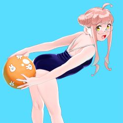 Rule 34 | 1girl, ahoge, alternate costume, ass, ball, bare arms, bare legs, bare shoulders, beachball, bent over, blue background, blue one-piece swimsuit, commentary request, competition school swimsuit, double bun, from behind, glasses, hair bun, highres, holding, holding ball, kantai collection, looking at viewer, makigumo (kancolle), ojipon, one-piece swimsuit, open mouth, pink hair, school swimsuit, short hair with long locks, simple background, solo, swimsuit, twintails, yellow eyes
