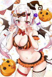 Rule 34 | 1girl, absurdres, bare shoulders, breasts, cleavage, halloween, hat, highres, hololive, horns, medium breasts, mini hat, nakiri ayame, pumpkin, red eyes, rinkaa (lovelive765pro2), skin-covered horns, solo, twintails, virtual youtuber, white hair