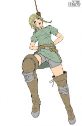 Rule 34 | 1girl, arms behind back, asphyxiation, blonde hair, boots, breasts, cameltoe, choker, covered erect nipples, crying, dying, execution, female focus, flat color, full body, hanged, highres, linkle, medium breasts, nintendo, noose, pain, pointy ears, simple background, solo, tears, the legend of zelda, thigh boots, thighhighs, tongue, white background