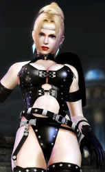 Rule 34 | 1girl, 3d, armband, armor, arms at sides, asymmetrical gloves, belt, black thighhighs, blonde hair, blue eyes, blurry, breasts, circlet, cleavage, cleavage cutout, clothing cutout, depth of field, earrings, from below, garter belt, garter straps, gloves, hammer, jewelry, large breasts, leather, leather armor, legs together, leotard, lips, lipstick, makeup, ninja gaiden, o-ring, o-ring belt, official art, outdoors, pauldrons, ponytail, rachel (ninja gaiden), shoulder armor, solo, standing, strap, studded leather, tecmo, thighhighs, thighs, tiara, uneven gloves, weapon
