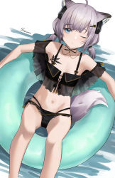Rule 34 | 1girl, absurdres, ahoge, animal ears, arknights, bikini, black bikini, blue eyes, character name, flat chest, fox ears, fox girl, fox tail, hair ornament, hairclip, highres, innertube, light purple hair, looking at viewer, material growth, navel, off-shoulder bikini, off shoulder, official alternate costume, one eye closed, oripathy lesion (arknights), short hair, short twintails, solo, sussurro (arknights), sussurro (summer flower) (arknights), swim ring, swimsuit, tail, twintails, wakamepiza