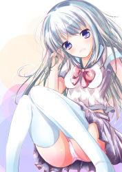 Rule 34 | 1girl, aqua hair, arm up, blue eyes, blue sailor collar, blue thighhighs, blush, bow, breasts, commentary request, feet out of frame, head tilt, knees together feet apart, long hair, open mouth, original, panties, pink panties, pleated skirt, purple skirt, red bow, sailor collar, school uniform, serafuku, shihou haru, shirt, short sleeves, sitting, skirt, small breasts, solo, thighhighs, underwear, very long hair, white shirt