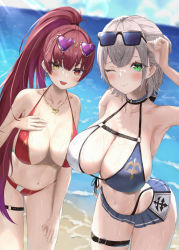 Rule 34 | 2girls, absurdres, adjusting eyewear, anchor symbol, arm up, armpits, arrow through heart, bad id, bad pixiv id, bare shoulders, beach, bikini, bikini skirt, blush, breasts, cleavage, closed mouth, collarbone, day, earrings, eyewear on head, glint, gold earrings, gold necklace, gold trim, green eyes, grey hair, hand on eyewear, hand on own chest, heart, heart-shaped eyewear, heart earrings, heart necklace, heterochromia, high ponytail, highres, hololive, houshou marine, houshou marine (summer), jewelry, large breasts, leaning forward, lens flare, long hair, looking at viewer, multiple girls, navel, necklace, o-ring, o-ring thigh strap, ocean, one eye closed, open mouth, ponytail, red bikini, red eyes, red hair, renge (730), shirogane noel, shirogane noel (summer 2020), short hair, stomach, sunglasses, sunlight, swimsuit, thigh strap, virtual youtuber, water, wet