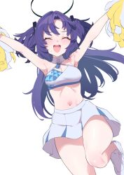 Rule 34 | 1girl, ^ ^, absurdres, alternate costume, armpits, arms up, blue archive, blush, closed eyes, halo, highres, holding, holding pom poms, millennium cheerleader outfit (blue archive), miniskirt, navel, outstretched arms, pleated skirt, pom pom (cheerleading), pom poms, purple hair, shoes, simple background, skirt, sneakers, solo, sutora binsuke, sweatdrop, two side up, white background, yuuka (blue archive)