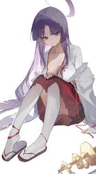 Rule 34 | 1girl, absurdres, blue archive, hakama, halo, highres, japanese clothes, long hair, looking at viewer, miko, panties, purple eyes, purple hair, purple halo, red hakama, sandals, simple background, solo, underwear, white background, white panties, yukari (blue archive), zombie ke, zouri