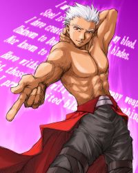 Rule 34 | 1boy, abs, archer (fate), armpits, clothes around waist, dark skin, dark-skinned male, fate/stay night, fate (series), jacket, jacket around waist, male focus, muscular, pectorals, pointing, pointing at viewer, red eyes, topless male, short hair, solo, white hair