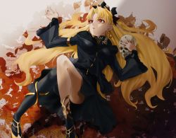 Rule 34 | black dress, blonde hair, dress, earrings, ereshkigal (fate), ereshkigal (third ascension) (fate), fate/grand order, fate (series), highres, infinity symbol, jewelry, long hair, lying, nail polish, on back, parted bangs, red eyes, skull, solo, user perz2587