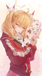 Rule 34 | 1girl, absurdres, ahoge, blonde hair, blue archive, blush, closed eyes, collarbone, dainillust, facing viewer, fingernails, flower, hair between eyes, halo, highres, holding, holding flower, jacket, long hair, long sleeves, open mouth, pink flower, pink skirt, pleated skirt, red jacket, skirt, smile, solo, twintails, yellow halo, yoshimi (blue archive)
