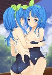 Rule 34 | 2girls, :o, :t, ass, back, bemani, blue eyes, blue hair, blue one-piece swimsuit, blurry, blush, grabbing another&#039;s breast, breasts, ceiling, chain-link fence, character name, closed mouth, clothes pull, cloud, collarbone, cowboy shot, day, depth of field, eye contact, fence, from side, grabbing, green ribbon, hair ornament, hair over shoulder, hair ribbon, hair scrunchie, hairband, hand on another&#039;s back, highres, incest, long hair, looking at another, low ponytail, multiple girls, name tag, near (sound voltex), nipples, noah (sound voltex), old school swimsuit, one-piece swimsuit, one-piece swimsuit pull, open mouth, outdoors, ponytail, pout, profile, raised eyebrows, ribbon, school swimsuit, scrunchie, short eyebrows, siblings, sideboob, sidelocks, sisters, sky, small breasts, sound voltex, sound voltex ii infinite infection, standing, star (symbol), star print, surprised, swimsuit, thick eyebrows, topless, tree, tries, twins, yuri