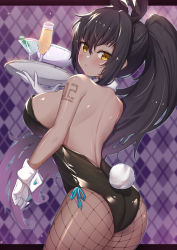 Rule 34 | 1girl, alcohol, animal ears, argyle, argyle background, argyle clothes, ass, back, backless leotard, bare shoulders, black hair, black hairband, black leotard, blue archive, blush, bowl, breasts, champagne, champagne flute, cowboy shot, cup, dark-skinned female, dark skin, drink, drinking glass, fake animal ears, fake tail, fishnet pantyhose, fishnets, from behind, gloves, gradient hair, hairband, high ponytail, highres, holding, holding tray, karin (blue archive), karin (bunny) (blue archive), large breasts, leotard, long hair, looking at viewer, looking back, multicolored hair, number tattoo, paid reward available, pantyhose, parted lips, playboy bunny, purple background, purple hair, rabbit ears, rabbit tail, shiny clothes, shiny skin, shoulder tattoo, sidelocks, solo, tail, tattoo, tray, uneg, variant set, very long hair, white gloves, wrist cuffs, yellow eyes