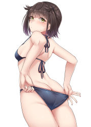 Rule 34 | 1girl, absurdres, ass, back, bare arms, bare legs, bare shoulders, bikini, bikini pull, black bikini, black hair, blush, breasts, brown hair, butt crack, clothes pull, cowboy shot, fingernails, from behind, hair flaps, halterneck, hatsuzuki (kancolle), highres, kantai collection, kiritto, looking at viewer, looking back, short hair, simple background, small breasts, solo, string bikini, swimsuit, white background, yellow eyes