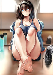 Rule 34 | 1girl, arms at sides, bare shoulders, barefoot, black hair, blue eyes, blue jacket, blue shirt, blush, breasts, cleavage, closed mouth, collarbone, convenient leg, crossed ankles, feet, hair between eyes, hairband, idolmaster, idolmaster cinderella girls, indoors, jacket, knees up, large breasts, legs, long hair, long sleeves, looking at viewer, mirror, nohito, off shoulder, on floor, open clothes, open jacket, sagisawa fumika, shirt, shoes, unworn shoes, shorts, sitting, unworn socks, soles, solo, tank top, thighs