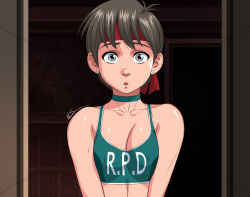 Rule 34 | 1girl, breasts, breasts squeezed together, brown hair, cleavage, collarbone, commentary, earrings, english commentary, exmile, green sports bra, grey eyes, headband, jewelry, looking at viewer, official alternate costume, open mouth, rebecca chambers, red headband, resident evil, resident evil 0, short hair, small breasts, solo, sports bra, stud earrings, upper body, very short hair