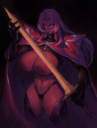 Rule 34 | 1girl, boots, breasts, cape, cropped legs, dark-skinned female, dark skin, hair intakes, highres, huge breasts, ingrid (taimanin murasaki), long hair, purple lips, revealing clothes, serious, shrug (clothing), simple background, solo, standing, sword, taimanin (series), taimanin murasaki, thigh boots, thong, topless, weapon, yellow eyes, zako (arvinry)