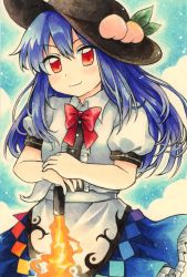 Rule 34 | 1girl, black hat, blue hair, blue skirt, blush, bow, bowtie, breasts, closed mouth, cloud, cloudy sky, collared shirt, commentary request, flaming sword, flaming weapon, frilled skirt, frills, happy, hat, head tilt, highres, hinanawi tenshi, long hair, looking at viewer, maa (forsythia1729), marker (medium), peach hat ornament, puffy short sleeves, puffy sleeves, rainbow order, red bow, red bowtie, red eyes, shirt, short sleeves, skirt, sky, small breasts, smile, sword of hisou, touhou, traditional media, white shirt