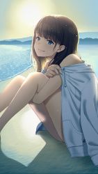 Rule 34 | 1girl, backlighting, bare arms, bare legs, bare shoulders, beach, black hair, blue eyes, day, drawstring, feet out of frame, grin, highres, hyuuga azuri, jacket, jacket on shoulders, knees up, hugging own legs, long hair, long sleeves, looking at viewer, ocean, original, outdoors, parted lips, sand, sitting, smile, solo, sunlight, thighs, water, white jacket