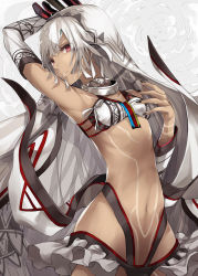 Rule 34 | 10s, 1girl, altera (fate), arm above head, arm up, armpits, bare shoulders, black nails, breasts, choker, cowboy shot, dark-skinned female, dark skin, detached sleeves, fate/extella, fate/extra, fate/grand order, fate (series), hip focus, looking at viewer, midriff, nail polish, navel, photon ray (fate), pokimari, red eyes, revealing clothes, short hair, small breasts, solo, sword, tattoo, veil, weapon, white hair