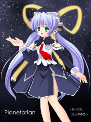 Rule 34 | 00s, 1girl, :o, android, bare legs, black dress, blue hair, comic, dress, green eyes, hair ribbon, hat, hoshino yumemi, kitagawa mikio, long hair, long sleeves, necktie, open mouth, planetarian, red necktie, ribbon, science fiction, side slit, sky, solo, star (sky), starry sky, very long hair