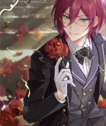 Rule 34 | 1boy, black bow, black bowtie, blue eyes, blurry, blurry background, bow, bowtie, buttons, collared shirt, ensemble stars!, flower, formal, glasses, gloves, hair between eyes, highres, long sleeves, male focus, purple hair, red flower, red rose, rose, rrr (reason), saegusa ibara, shirt, short hair, smile, solo, suit, thorns, white gloves