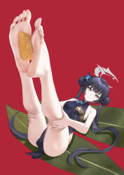 Rule 34 | 1girl, absurdres, bare shoulders, barefoot, black dress, blue archive, breasts, butterfly hair ornament, china dress, chinese clothes, double bun, dragon print, dress, feet, hair bun, hair ornament, halo, highres, kisaki (blue archive), legs, legs up, long hair, looking at viewer, lying, on back, pelvic curtain, smile, solo, toes, twintails, yaxiya