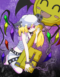 Rule 34 | 1girl, a.b.a, a.b.a (cosplay), arc system works, bad id, bad pixiv id, bandages, barefoot, blonde hair, blush stickers, chain, cosplay, fang, flandre scarlet, flanvia, guilty gear, hat, highres, key, key in head, object through head, paracelsus (guilty gear), red eyes, short hair, side ponytail, sleeveless, smile, touhou, wings