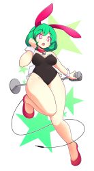 Rule 34 | 1girl, absurdres, animal ears, bare legs, bell, breasts, collar, commission, covered navel, fake animal ears, fizintine, green hair, highres, medium breasts, microphone stand, neck bell, original, playboy bunny, purple eyes, rabbit ears, rabbit tail, shoes, short hair, solo, star (symbol), tail, white background