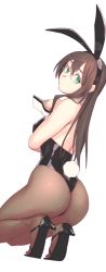Rule 34 | 1girl, ahoge, alternate costume, animal ears, ass, bare shoulders, black footwear, black hairband, black leotard, brown pantyhose, closed mouth, fake animal ears, fake tail, from behind, glasses, green eyes, hairband, hand on own chest, high heels, highres, kantai collection, kneeling, leotard, long hair, looking back, ooyodo (kancolle), pantyhose, playboy bunny, rabbit ears, rabbit tail, rimless eyewear, shiny clothes, simple background, solo, tail, tareme, white background, wrist cuffs, yuuji (and)
