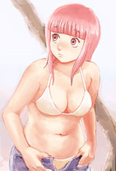 Rule 34 | 1girl, bad id, bad pixiv id, breasts, cleavage, closed mouth, commentary request, denim, highres, jeans, lafolie, medium breasts, morimoto momoko, navel, pants, pink eyes, pink hair, solo, swimsuit, tree, undressing, wingman