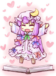 Rule 34 | 1girl, :d, arms up, bad id, bad pixiv id, book, bow, chibi, dress, closed eyes, female focus, hair bow, highres, long hair, natsuki (silent selena), open mouth, patchouli knowledge, purple hair, smile, solo, touhou