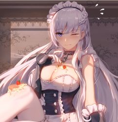 Rule 34 | 1girl, apron, azur lane, bare shoulders, belfast (azur lane), blue eyes, braid, breasts, buttons, chain, cleavage, closed mouth, collar, collarbone, dress, flying sweatdrops, food, french braid, frilled apron, frills, fruit, gauntlets, gloves, hand up, highres, knee up, large breasts, long hair, looking at viewer, maid apron, maid headdress, one eye closed, pancake, sitting, solo, strawberry, tears, thighhighs, underbust, very long hair, white dress, white gloves, white hair, white thighhighs, you ni ge shaobing