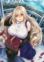 Rule 34 | 1girl, bare shoulders, black gloves, black thighhighs, blonde hair, blue skirt, blurry, breasts, character request, commentary request, cowboy shot, depth of field, elbow gloves, from above, gloves, kuchibue (tanima club), large breasts, long hair, looking at viewer, open mouth, outdoors, petals, picnic basket, pleated skirt, plump, purple eyes, raycat, shirt, sitting, skirt, sleeveless, smile, solo, takanashi hiyori (ikinokore! shachiku-chan), thighhighs, white shirt, zettai ryouiki