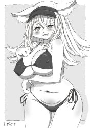 Rule 34 | 1girl, absurdres, animal ears, animal nose, bikini, breasts, furry, furry girl, highres, long hair, monochrome, nipples, smile, snout, swimsuit, white background