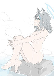 Rule 34 | 1girl, animal ear fluff, animal ears, blue archive, blue eyes, blush, breasts, closed mouth, completely nude, cross, cross hair ornament, crossed ankles, feet, flat color, full body, grey hair, hair ornament, halo, highres, hugging own legs, inverted cross, light smile, looking up, masabodo, medium breasts, medium hair, nude, profile, rock, shiroko (blue archive), simple background, sitting, solo, steam, toes, water, wet, white background, wolf ears
