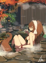 Rule 34 | 1girl, alcohol, animal ears, bath, brown hair, cup, dripping, highres, lansane, large tail, long hair, looking at viewer, nude, onsen, original, outdoors, partially submerged, ripples, sake, solo, steam, tail, towel, towel on head, tsana (lansane), water, wet, wet hair, wet tail, wolf tail