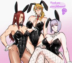 Rule 34 | 3girls, abs, ahoge, animal ears, bad id, bad pixiv id, bare shoulders, black bow, black choker, black nails, black neckwear, blonde hair, blue eyes, blush, bow, bowtie, breasts, choker, cleavage, closed mouth, collarbone, covered abs, covered navel, drill (emilio), facial mark, fake animal ears, fake tail, fingernails, fishnet legwear, fishnets, floppy ears, flying sweatdrops, green eyes, hair over one eye, hands on own hips, leotard, light purple hair, long hair, medium hair, multiple girls, muscular, muscular female, nail polish, necktie, original, pantyhose, parted lips, patterned, patterned background, playboy bunny, rabbit ears, rabbit tail, red eyes, red neckwear, scar, shiny skin, short hair, sitting, smile, sweat, sweatdrop, tail, tattoo, traditional bowtie