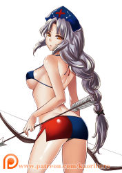 Rule 34 | 1girl, adapted costume, arched back, arrow (projectile), artist name, ass, bare shoulders, bikini, bikini top only, black panties, blue bikini, bow (weapon), braid, breasts, butt crack, cowboy shot, cross, female focus, halterneck, hat, holding, holding bow (weapon), holding weapon, kaorihero, large breasts, lips, long hair, looking back, microskirt, miniskirt, panties, pantyshot, parted bangs, parted lips, patreon, patreon username, pencil skirt, red cross, side slit, sideboob, silver hair, simple background, single braid, skirt, solo, standing, swimsuit, thighs, touhou, underwear, very long hair, watermark, weapon, web address, white background, yagokoro eirin