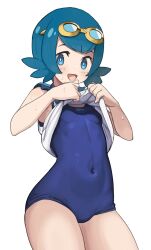 Rule 34 | 1girl, :d, blue eyes, blue hair, blush, breasts, bright pupils, clothes lift, commentary request, covered navel, cowboy shot, creatures (company), game freak, goggles, goggles on head, highres, itolife, lana (pokemon), looking at viewer, medium bangs, nintendo, one-piece swimsuit, open mouth, pokemon, pokemon sm, shirt, shirt lift, short hair, simple background, sleeveless, sleeveless shirt, small breasts, smile, solo, sweat, swimsuit, swimsuit under clothes, transparent background, white pupils, white shirt