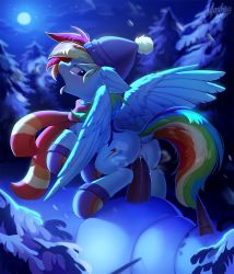 Rule 34 | anus, carrot, cloud, cutie mark, full moon, furry, highres, hioshiru, moon, my little pony, my little pony: friendship is magic, night, night sky, no humans, open mouth, outdoors, plant, pussy, rainbow dash, sex, sky, snow, snowman, source request, tagme, tongue, tongue out, tree, uncensored, wings